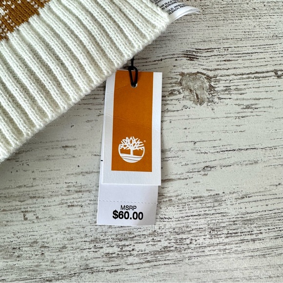 NWT TIMBERLAND Plaid Knit Scarf OS Cream Mustard - Picture 3 of 6